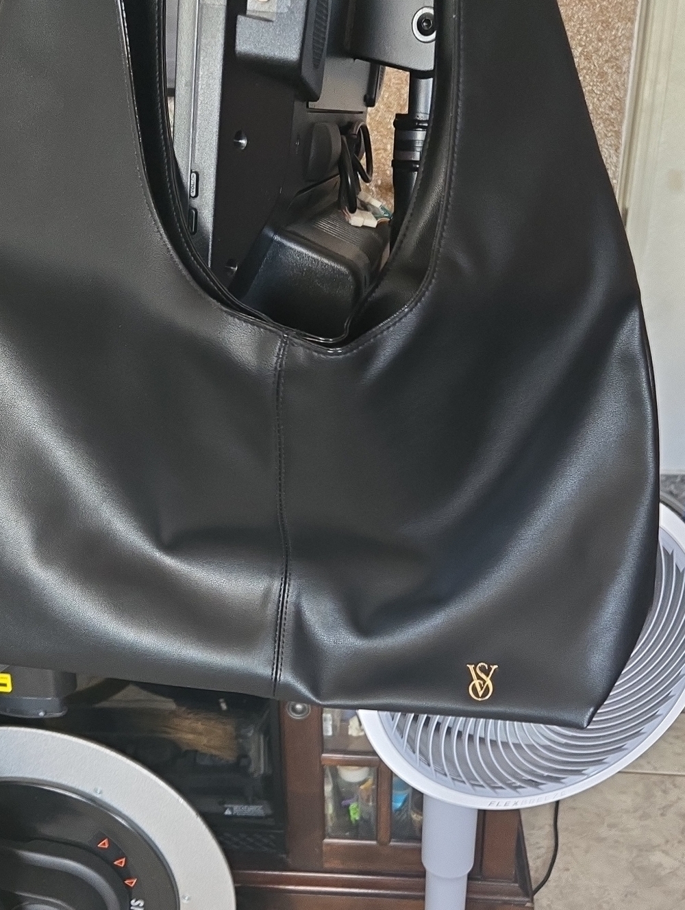 Victoria's Secret Black Leather Messenger Bag with Gold Logo